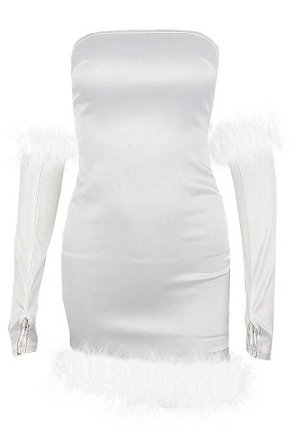 Women Sexy White Off-Shoulder Furry Hem Bodycon Mini Cocktial Dress