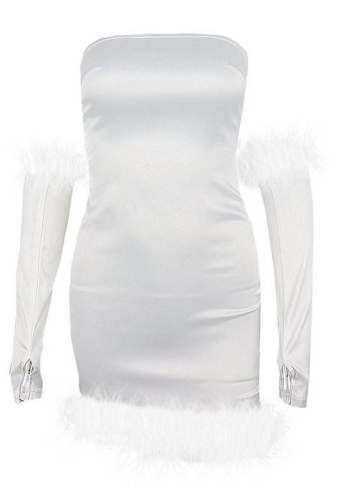 Women Sexy White Off-Shoulder Furry Hem Bodycon Mini Cocktial Dress
