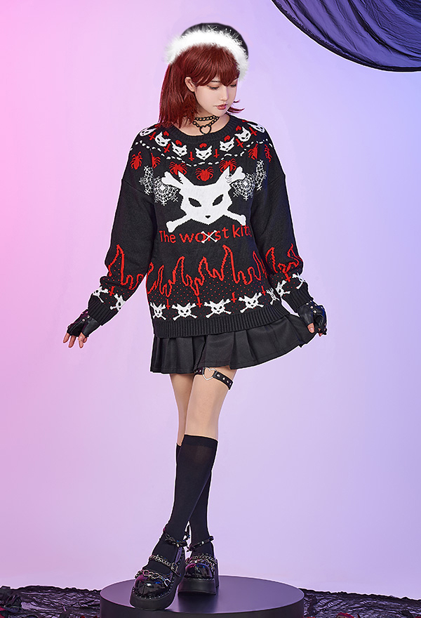 Bad Kitten Women Christmas Gothic Cat Skull Print Knitted Crewneck Sweater