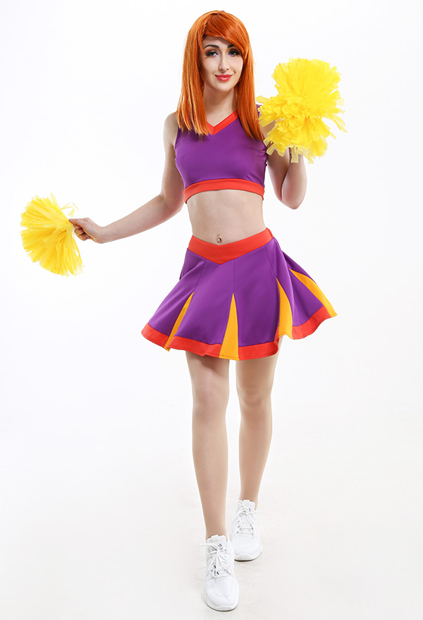 Women Halloween Purple Orange Crop Top High Waist Skirt Cheerleader Costume