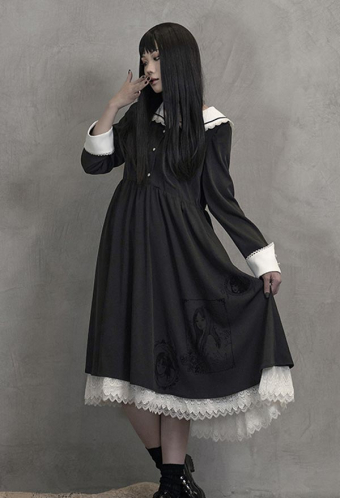 Gothic Junji Ito Collection Kawakami Tomie Cosplay Costume Black Sailor Dress