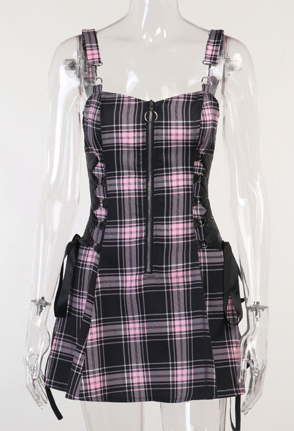 E-girl Fashion Gothic Summer Aesthetic Off Shoulder Plaid Casual Dress Side Straps Sleeveless Zip Up Minidress