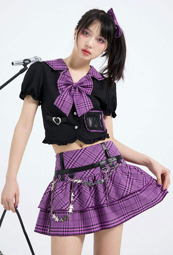 E-Girl Gothic Summer Aesthetic JK Spliced ​​Cake Skirt Pastel Goth Polyester Stripe Plaid Skirt