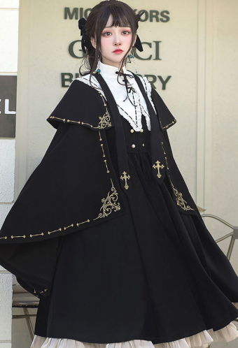 Gothic Lolita Bronzing Coat Outfit Academy Style Black Polyester Vest Coat Three-piece Suit