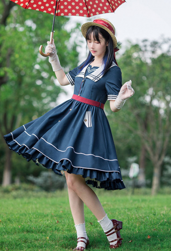 Lolita Sailor Dress Clear Sky Navy Style Blue Slub Fabric OP with Bow