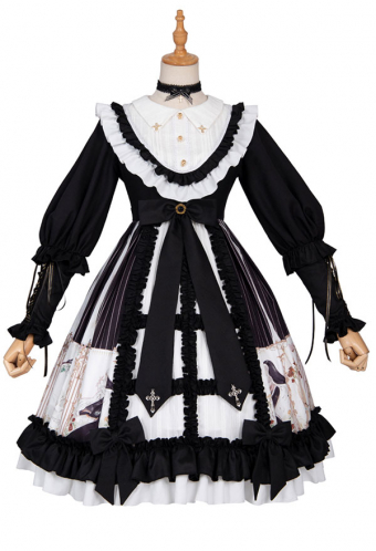Gothic Lolita Dark Hymn Dress in Retro Style Black Polyester OP with Headdress and Neck Accessory
