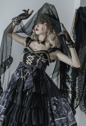 Gothic Lolita Suspender Dress Dragon Control Witch Black Soft Fabric JSK