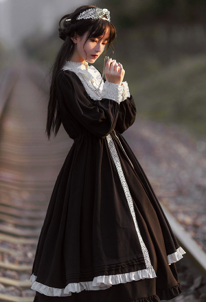 Lolita Stand-Up Collar Dress Return to Nothing Nun Style Black Elegant Lining Cloth Dress