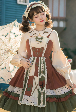 Lolita May Peach Dress Japanese Style Brown Doll Collar Spliced JSK