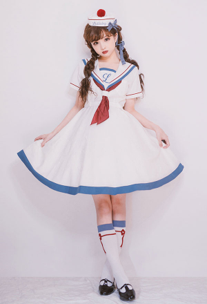 Lolita OP Sailor Dress Peace Dove Sailor Navy Style Light White Soft Fabric Dress