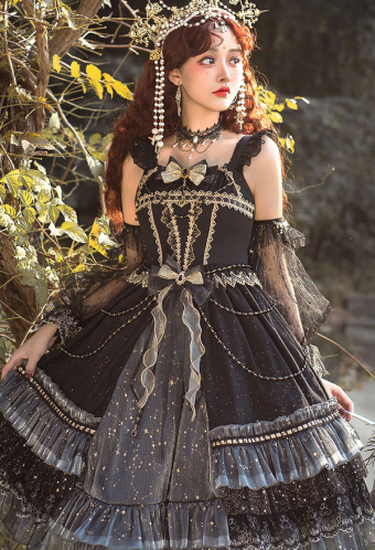 Gothic Lolita Starry Night Dress in Retro Style Black Elegant Polyester JSK SP CLA