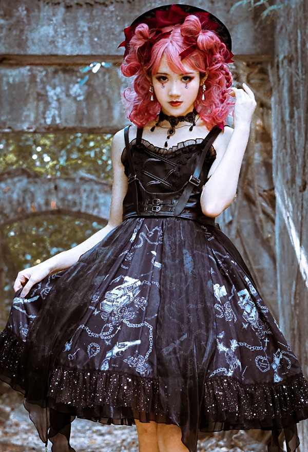 Gothic Lolita Vampire Diaries Dress Outfit | Black Polyester JSK For Sale.