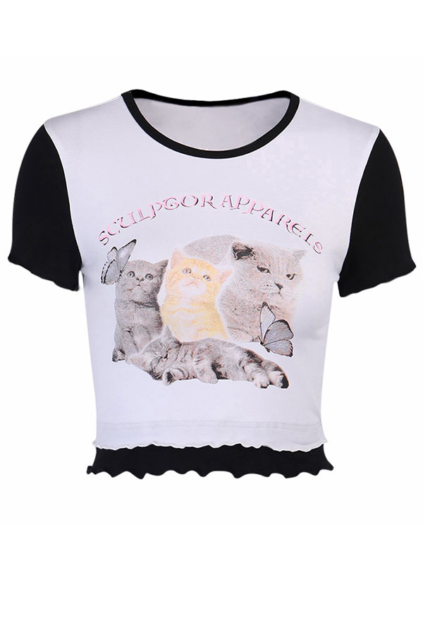 E-girl Kawaii Summer Fashion Short Sleeved Top Cotton Round Collar Cats and Butterfly Pattern T-Shirt
