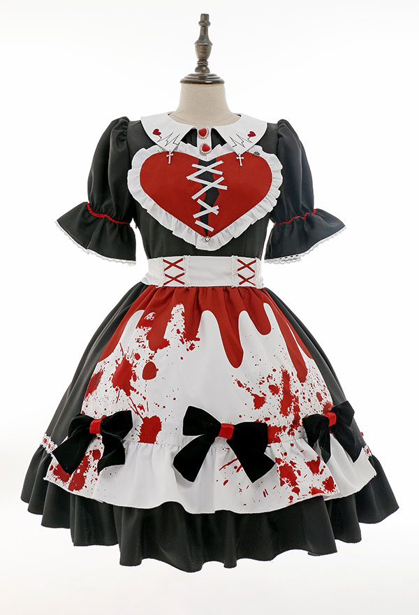 Bloody Maid Gothic Long Sleeves Bow Decorated Dress and Apron Halloween Costume