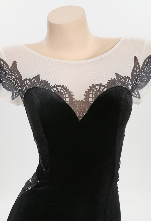 Cat Women Gothic Black Velvet Open Back Leaf Trim Long Dress