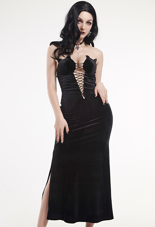 Mystic Kitten Gothic Deep V Neck Devil Cat Shaped Tube Top Long Slim Bridal Dress