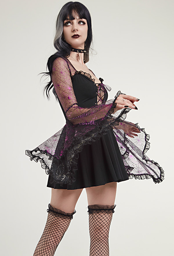 Abyss Witch Gothic Spiderweb Pattern Trumpet Sleeves Lace-Up Halloween Dress
