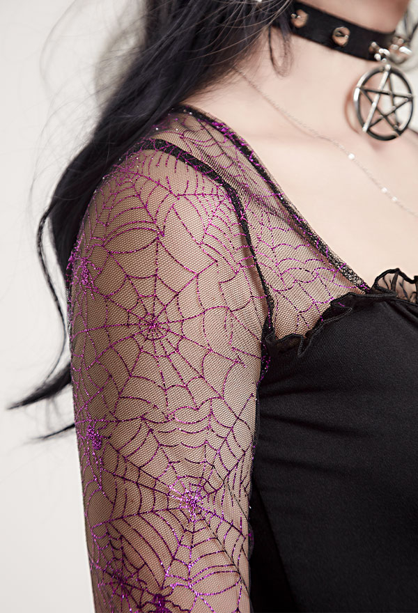 Abyss Witch Gothic Spiderweb Pattern Trumpet Sleeves Lace-Up Halloween Dress