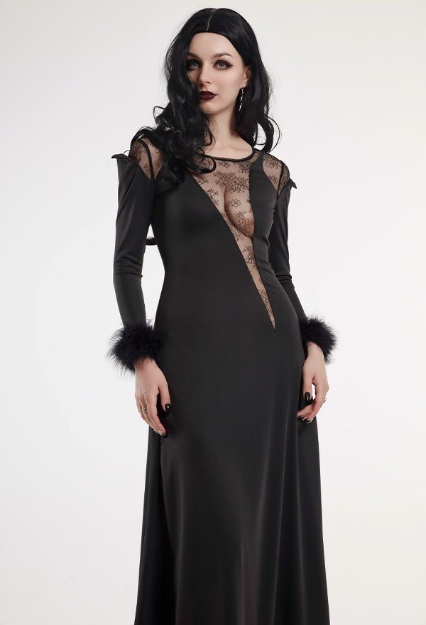 Nether Queen Gothic Crow Style Lace Sheer Long Elegant Halloween Dress