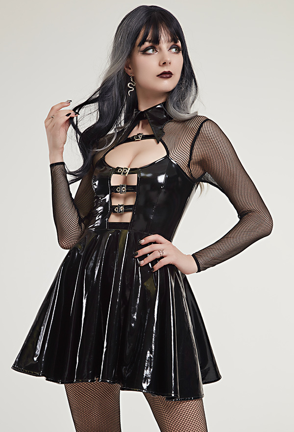 Abyss Witch Gothic Hollow Buckle-Up Breast Long Mesh Sleeves Halloween Dress