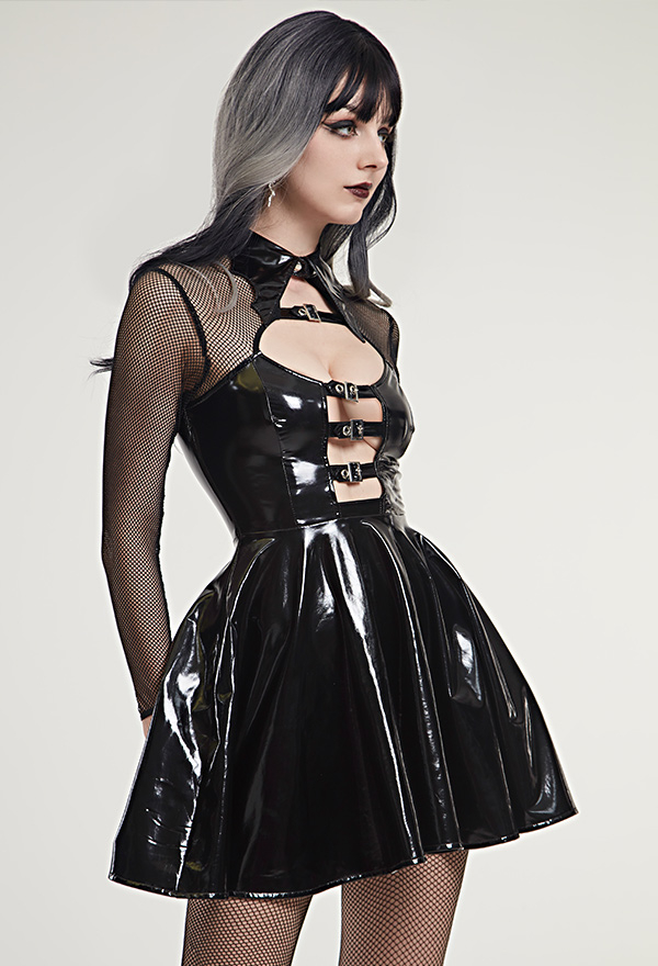 Abyss Witch Gothic Hollow Buckle-Up Breast Long Mesh Sleeves Halloween Dress