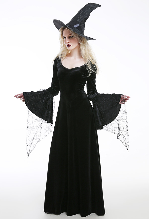 Gothic Victorian Dark Witch Dress Black Velvet Flared Lace Decorated Long Sleeves Long Dress Halloween Carnival Dress