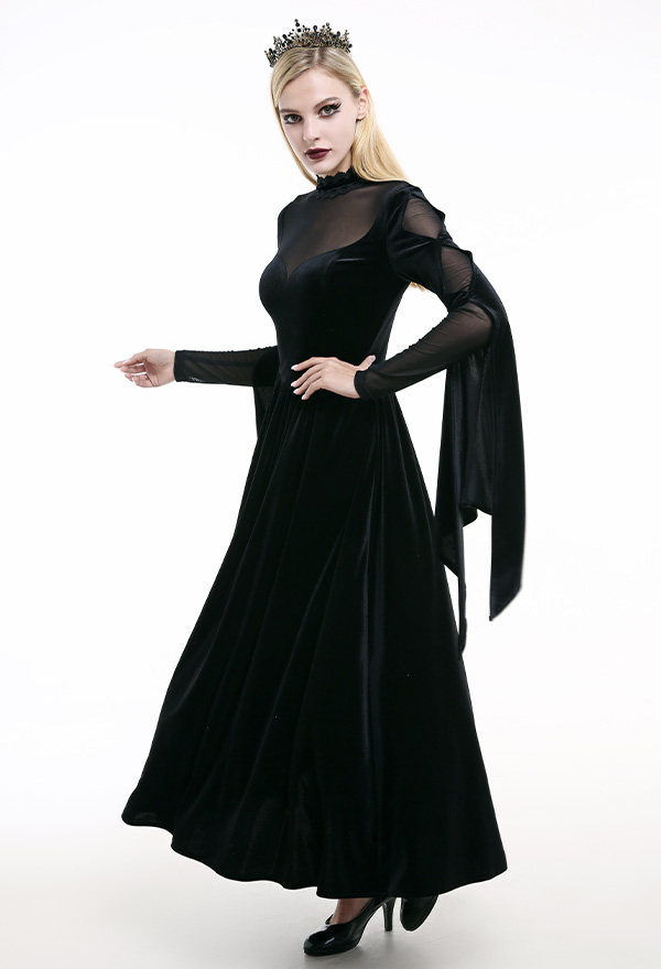 Victorian Princess Halloween Bound To Love Bridal Gown Gothic Basque Waist Dress Black Velvet  Witch Style Long Sleeve Wedding Dress