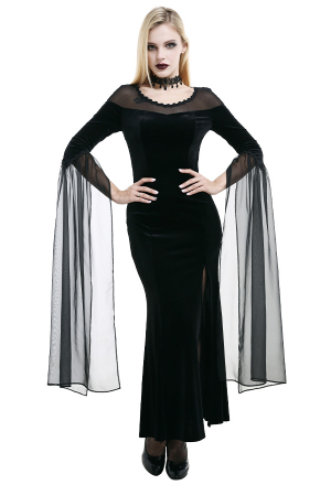 Gothic Victorian Devil Queen Bridal Dress Mystery Shrouded Black Velvet Long Tulle Sleeve Flared See Through Halloween Wedding Dress
