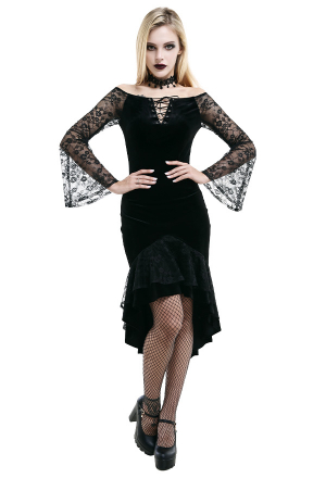 Gothic Pirate Costumes High-low Off Shoulder Bridal Dress Black Velvet Lace Up Neck Ruffle Trim Hem Wedding Ceremony Dress