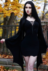Halloween Stun the Crowd Vampire Witch Bat Sleeve Bridesmaid Dress Gothic Black Deep V Lace-up Neck Above Knee Ball Gown