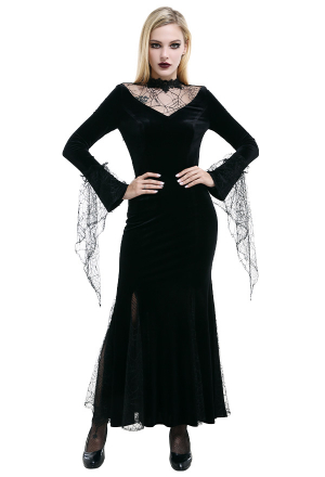 Women's Victorian Vintage Swear To Eternal Romance Wedding Dress Gothic Black Lace V-shaped Velvet Long Sleeve Fishtail Mermaid Gown