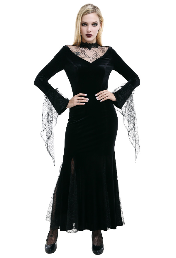 Gothic Drooping Lace Sleeve Dress – Gothic Dress Outfit | Black Velvet ...