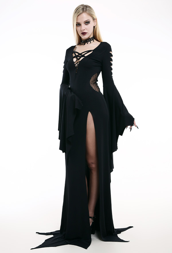 Halloween Victorian Vampire Queen Morticia Wedding Dress Gothic Black Spandex Pentagram Necktie Hollow out Sleeve Bat Hem High-Thigh Grace Bridal Gown