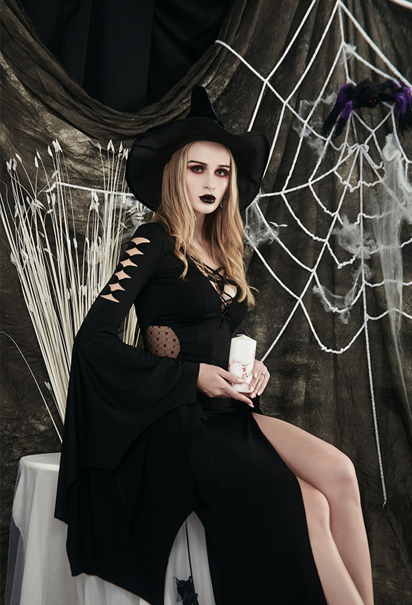 Halloween Victorian Vampire Queen Morticia Wedding Dress Gothic Black Spandex Pentagram Necktie Hollow out Sleeve Bat Hem High-Thigh Grace Bridal Gown