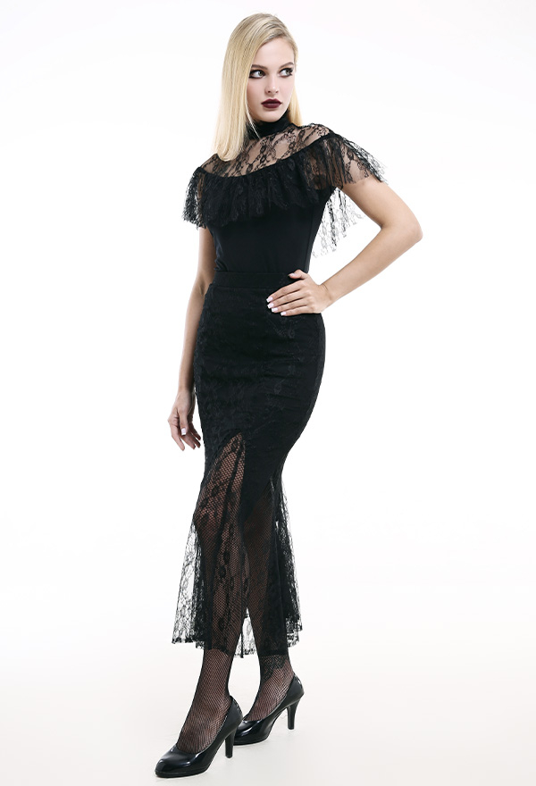 Gothic Vampire Sincere Promise Bridesmaid Dress Black Spandex Elegant Off Shoulder Lace Cape Fishtail Halloween Wedding Costume