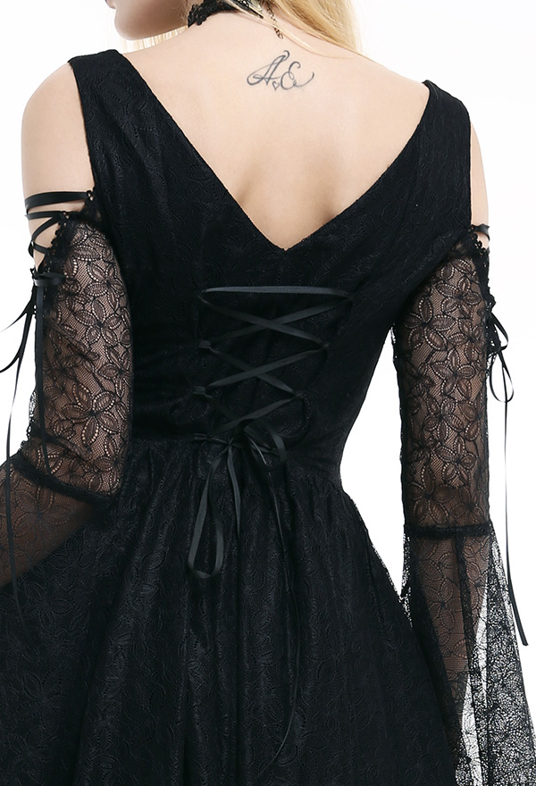 Halloween Dresses Gothic Spandex High-low Bell Sleeve Bridesmaid Dress Black Floral Sheer Lace Cold Shoulder Adjustable Back Wedding Gown