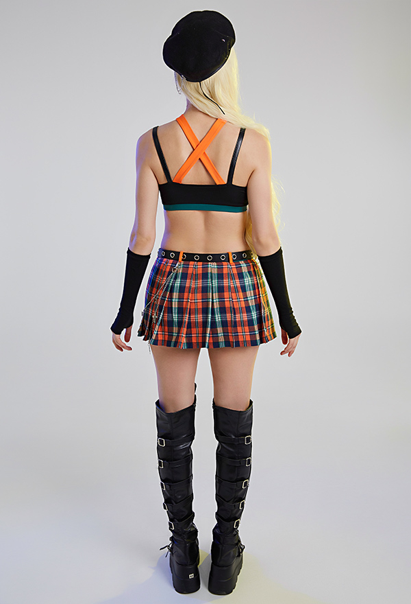 Hard Bounce Grunge Girl Summer Punk Style Halter Tube Top and Plaid Skirt