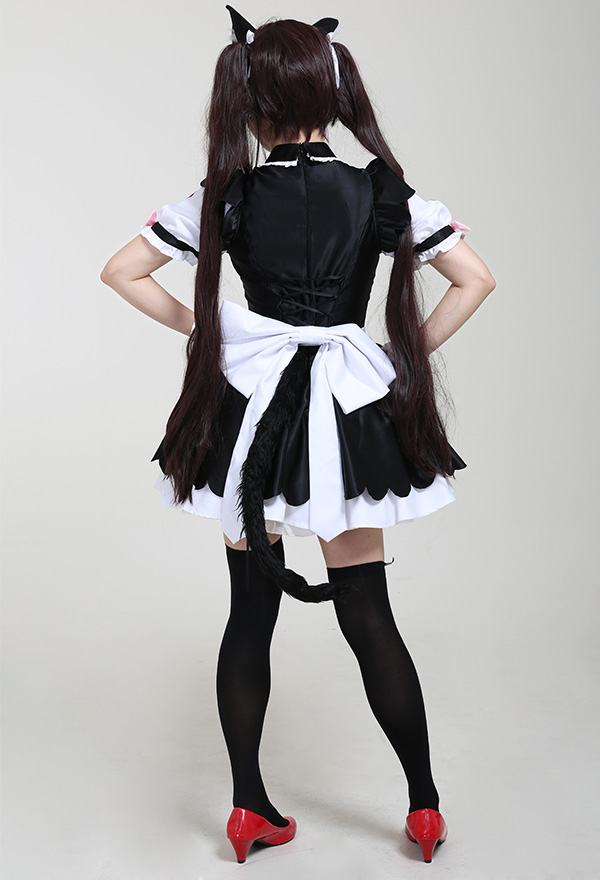 Gothic Kawaii Cartoon Maid Dress Sweet Bow Decorated Tutu Dress Halloween Cosplay Costume with Cat Ears