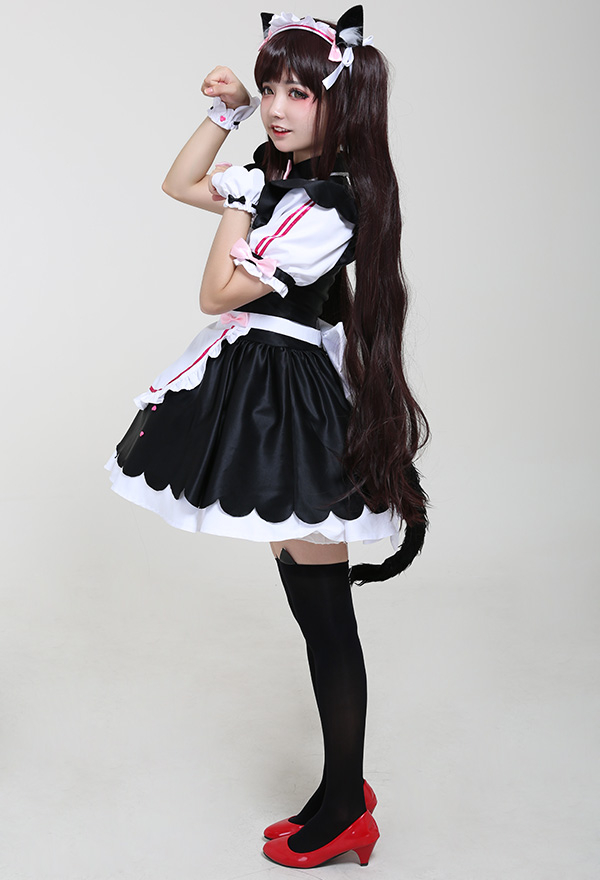 Gothic Kawaii Cartoon Maid Dress Sweet Bow Decorated Tutu Dress Halloween Cosplay Costume with Cat Ears