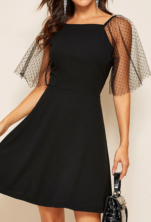 Black Mid Elegant Prom Dress Gothic Tulle Polka Dots Short Sleeve Dress