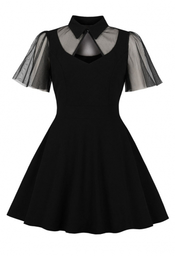 Black Mid Black Collar Prom Dress Gothic Sheer Mesh Short Sleeve Dress