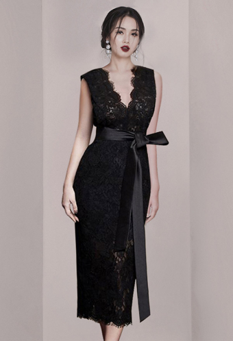 Full Lace Prom Dress Gothic Polyster Bow Tie Waistband V Neckline Sleeveless Dress