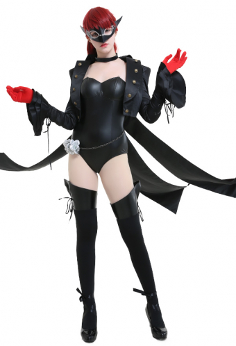 Women Gothic Demon Rose Hunter Curvy Bodysuit Black PU leather Deep V Neck Long Sleeves Halloween Costume with Eyemask and Leg Covers
