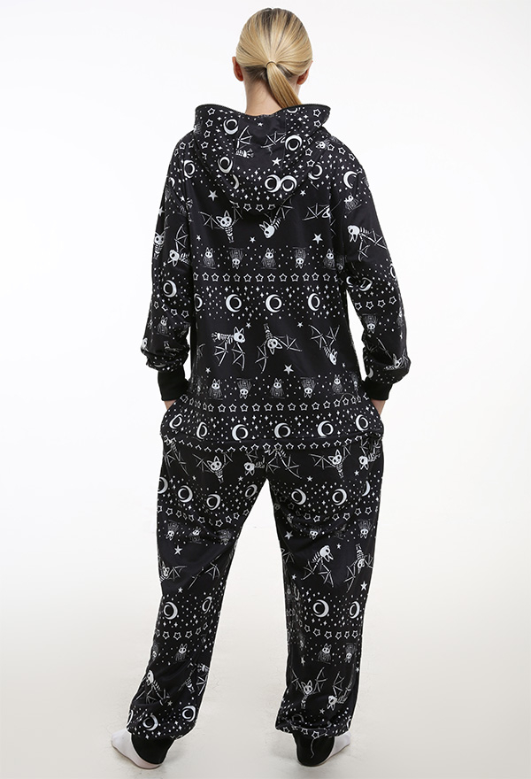 Gothic Dark Night Sleepwear Black Bat and Star Pattern Hooded Onesie Pajamas Halloween Costume for Women