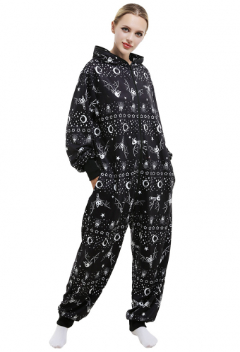 Gothic Dark Night Sleepwear Black Bat and Star Pattern Hooded Onesie Pajamas Halloween Costume for Women