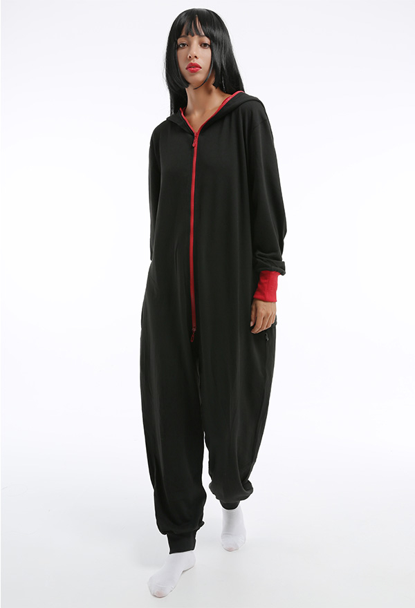 Adult Halloween Homewear Onesie Pajama Black and Red Polyester Long Sleeved Hooded Kigurumi Costume for Women