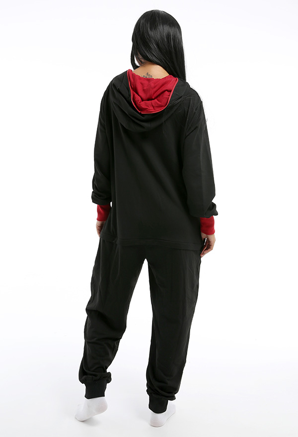 Adult Halloween Homewear Onesie Pajama Black and Red Polyester Long Sleeved Hooded Kigurumi Costume for Women