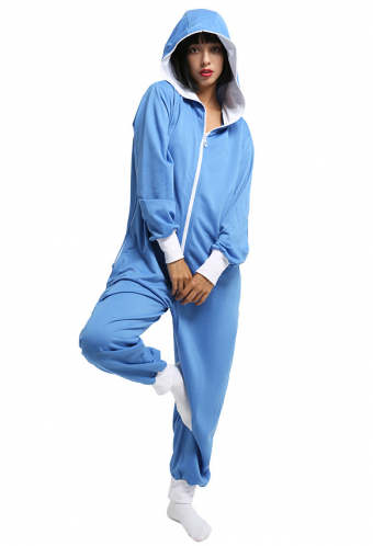 Women Causal Homewear Onesie Pajama Simple Blue Polyester Long Sleeved Hooded Jumpsuit Christmas Costume