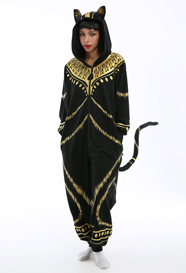 Adult Animal Onesie Pajama Halloween Costume Vintage Style Bastet Ancient Egyptian Pharaoh Cat Kigurumi Jumpsuit for Women