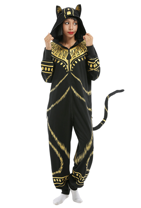 Adult Animal Onesie Pajama Halloween Costume Vintage Style Bastet Ancient Egyptian Pharaoh Cat Kigurumi Jumpsuit for Women